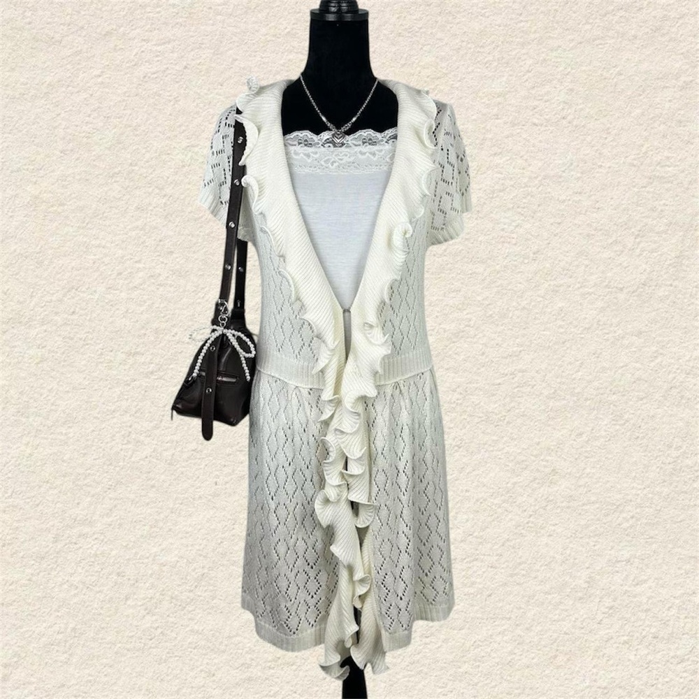 Sioni Studio Cream Ruffle Knit Open Front Cardigan Sweater